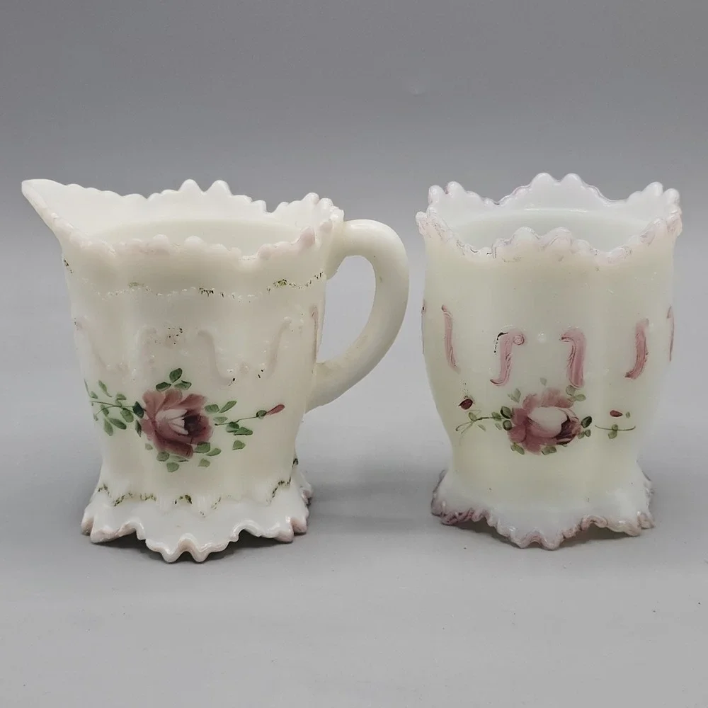 Vintage‎ EAGP Dithridge Creamer & Sugar Bowl White Milk Glass Roses Hand Painted